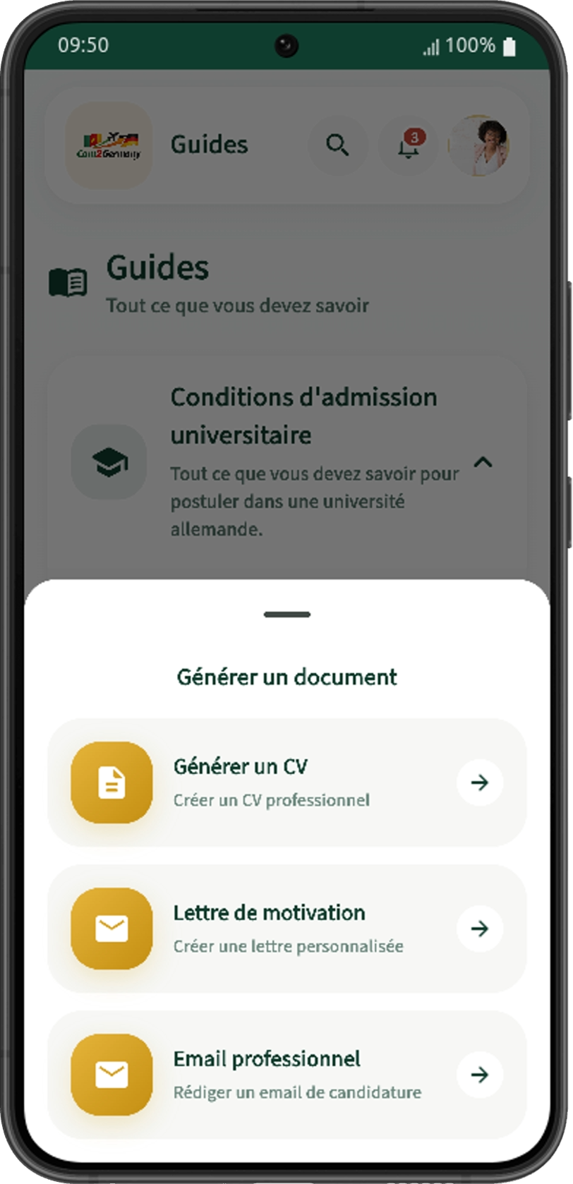 Menu de génération de document : CV, lettre, email